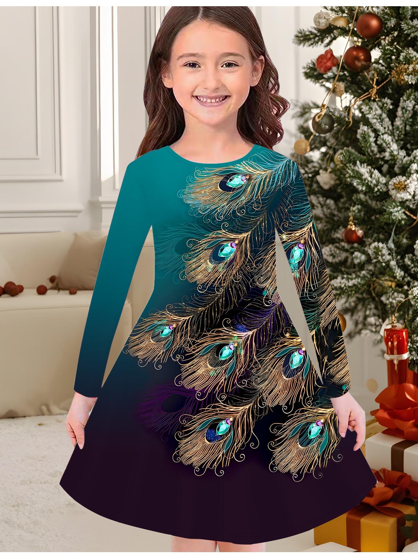 

Girls Autumn and Winter Fashion Dress, 3D Peacock Print Round Neck Long Children s T-shirt Dress, Casual Versatile, Christmas Clothing 170 зелёный