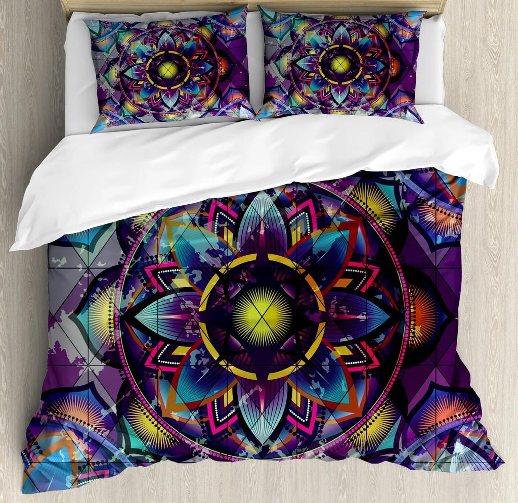 Mandala Purple Galaxy Duvet Cover Boho Chic Petal Flower Bohemian Meditation Gypsy Hippie Floral Exotic Retro Decor Women Gifts