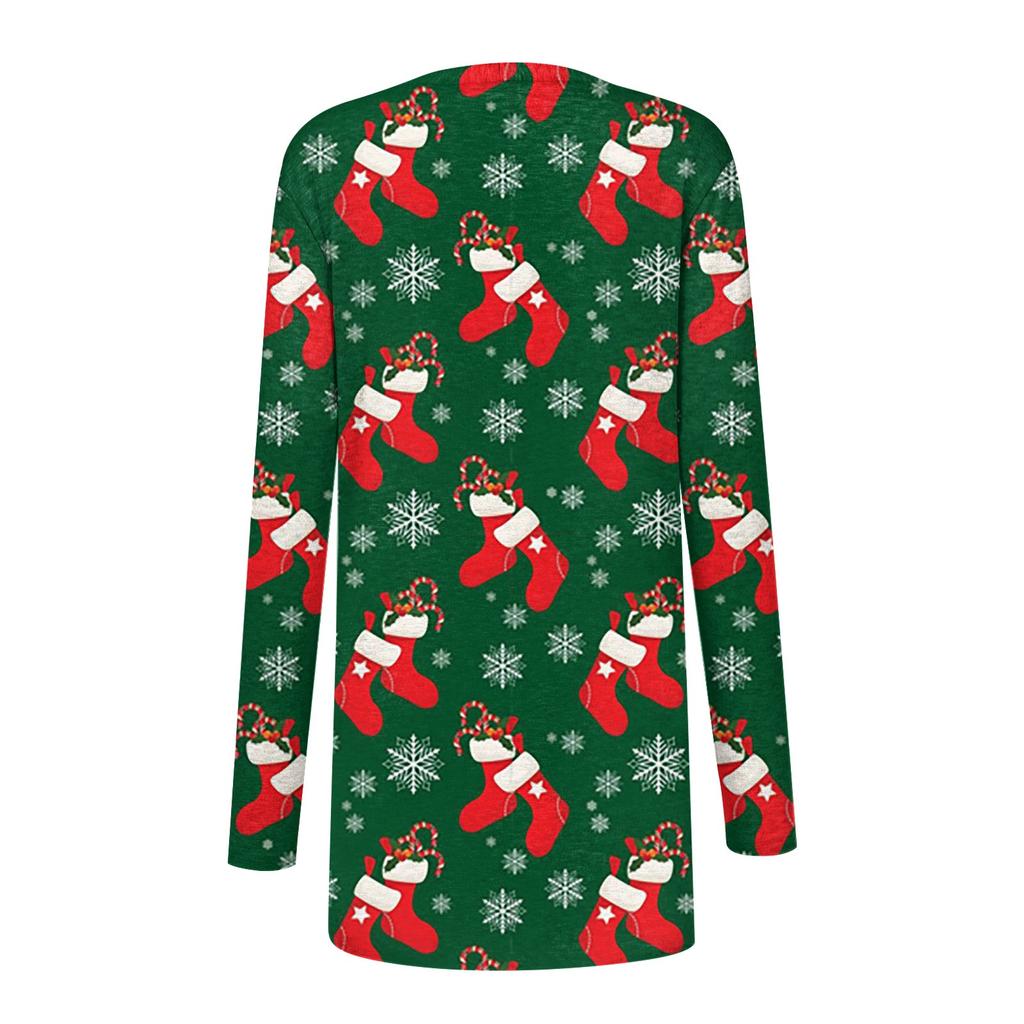 Damenmode, lässig, Weihnachtsdruck, mittellanger Cardigan-Jackenmantel