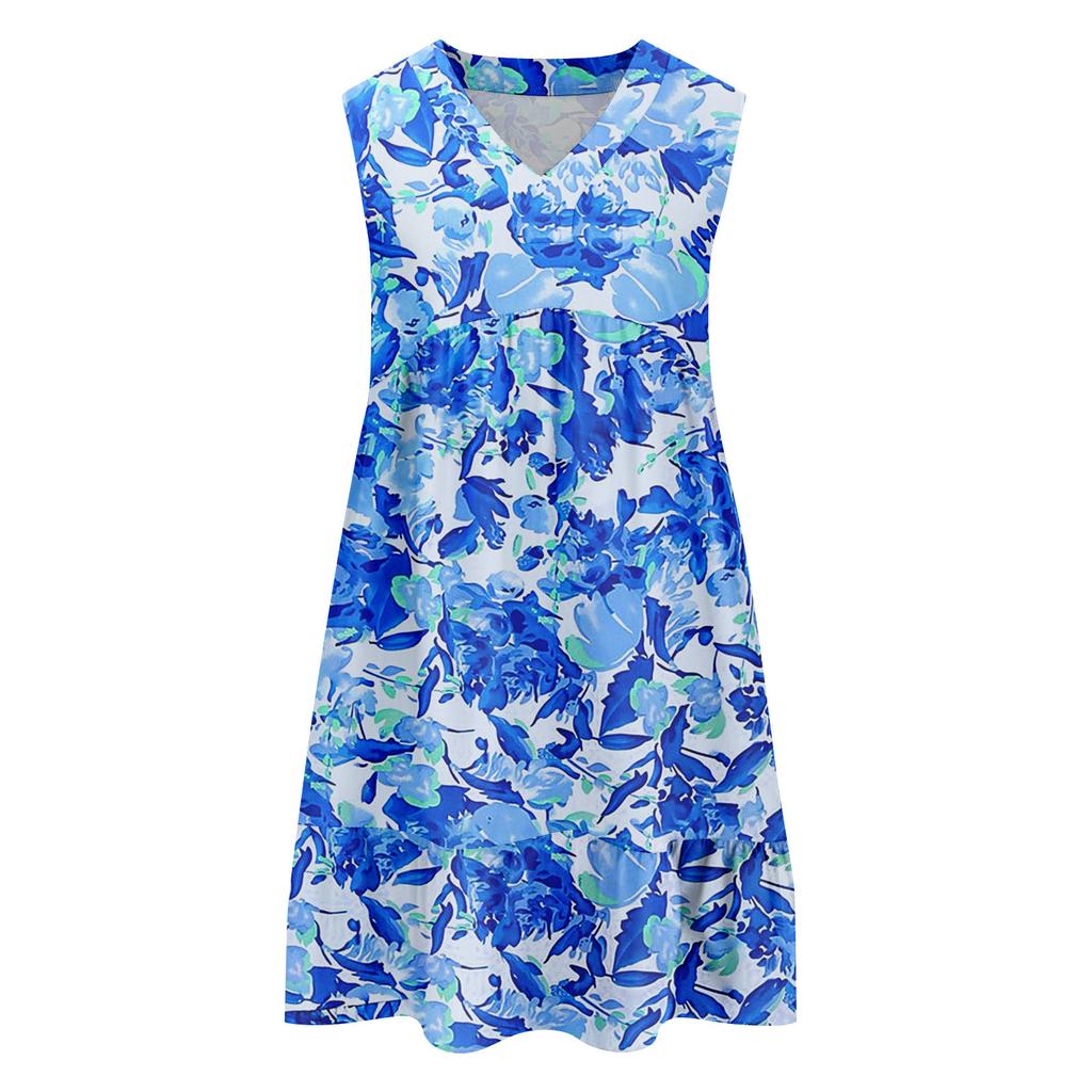 Abito Estivo da Donna Senza Maniche Scollo a V Stampa Abiti Corti Moda Casual Fluido Boho Volant A Linea Svasato Prendisole
