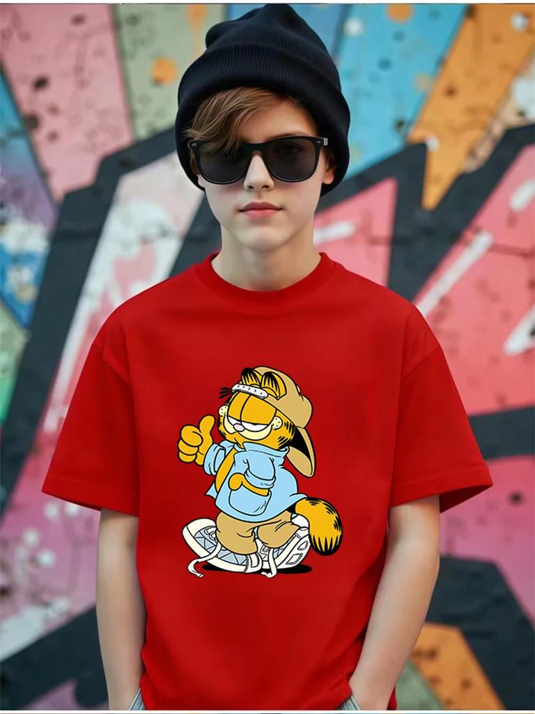 Funny Garfield Short Sleeve Kids T Shirt Summer Cute Cartoon Crewneck Street 3-14 Years