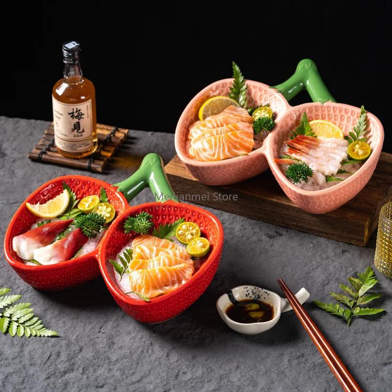 Japanese style ceramic tableware, sashimi plate, salad plate, two grid ceramic strawberry plate dinner set plates and dishes