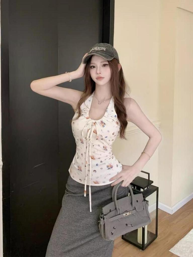 White Shell Print V-Neck Halter Top for Women - 2026 Summer Slim Fit Backless Camisole