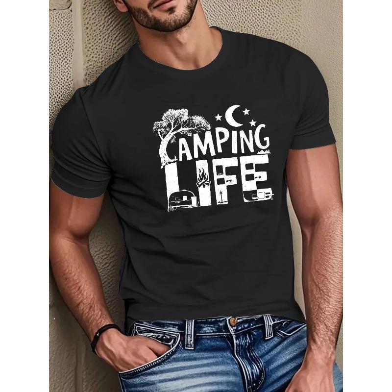 Men'S Soft & Breathable Summer Casual T-Shirt - "CAMPING LIFE" Graphic Print, Black, Round Neck, Lightweight & Comfortable for Outdoor Activitie