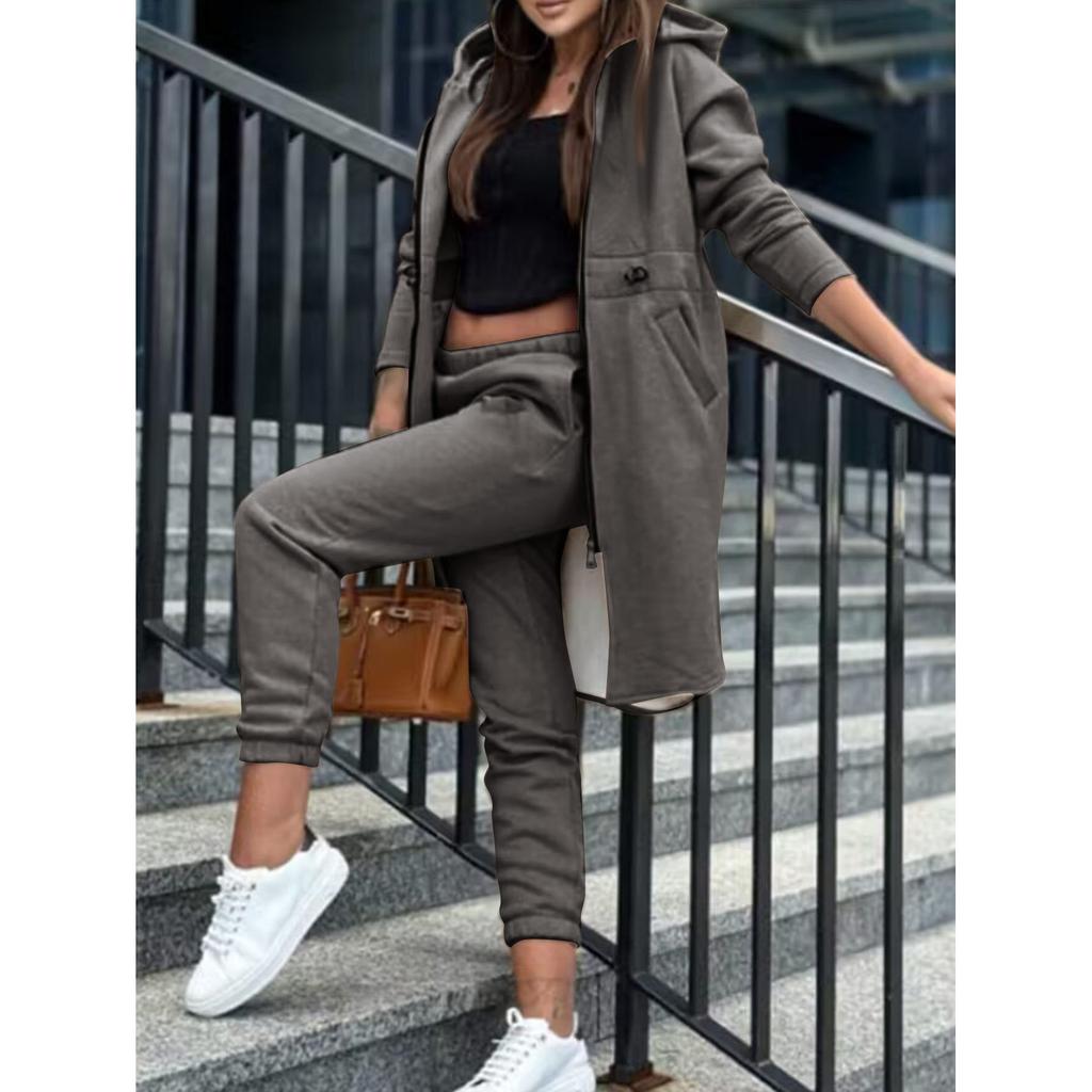 Autumn Winter Women's Hooded Jacket Trousers Suit Casual Everyday Joker Two-Piece Set