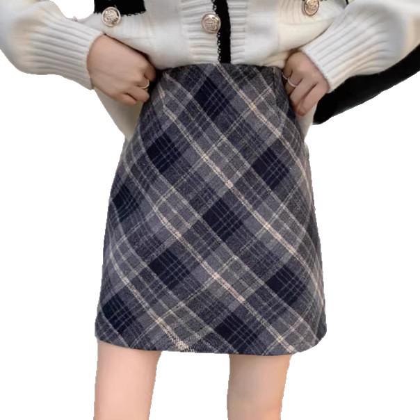 Korean Plaid High-Waisted Wool Blend A-Line Midi Skirt - Women's Autumn/Winter Style