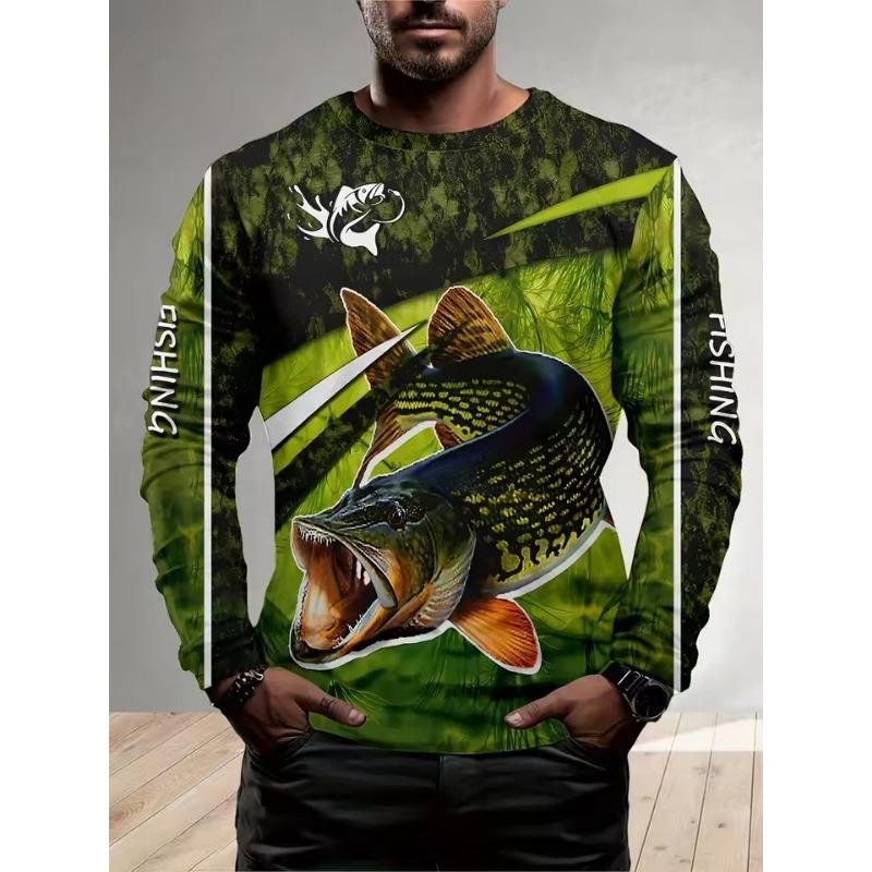 Men's O Neck Long Sleeves Full Body Fish Pattern Moisture Absorption Quick-Drying Fishing Hiking Bicycles Sports 3D T-Shirts