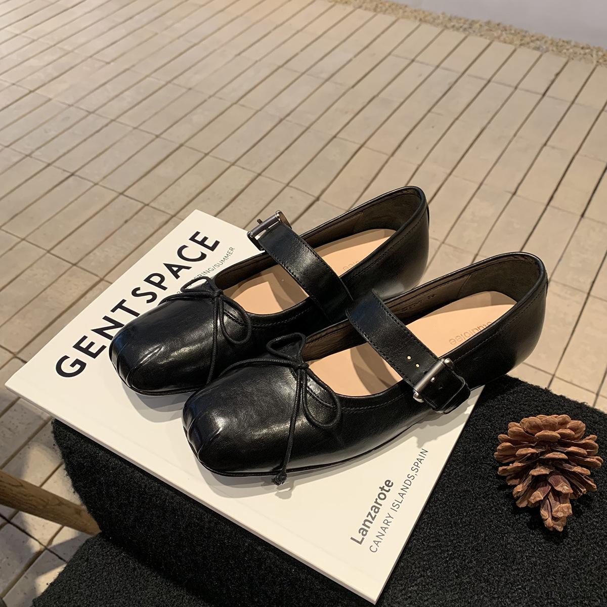

Cowhide version of grape mother pleated bow one-word buckle band ballet single shoes versatile square head Mary Jane shoes women 40
