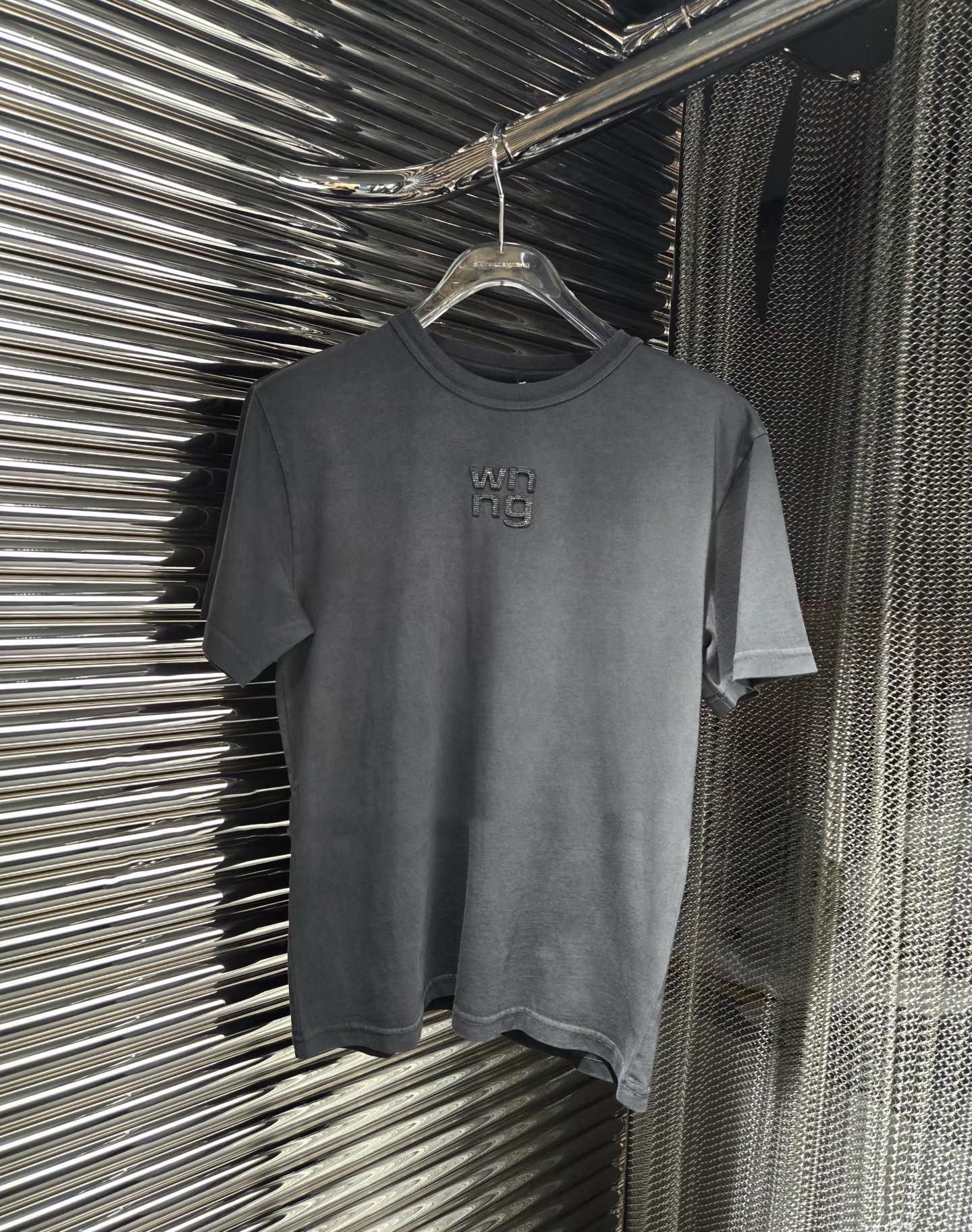 Женская футболка 2026 Ранняя весна Винтажная стирка Стразы Буквы Круглый вырез Короткий рукав Small