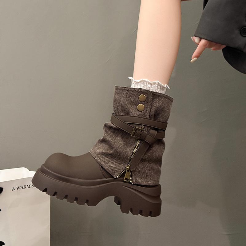 Winter Gürtelschnalle Damen Stiefeletten Mode Klobiger Plateauabsatz Schuhe Damen Punk Vintage Kurze Stiefeletten De Mujer