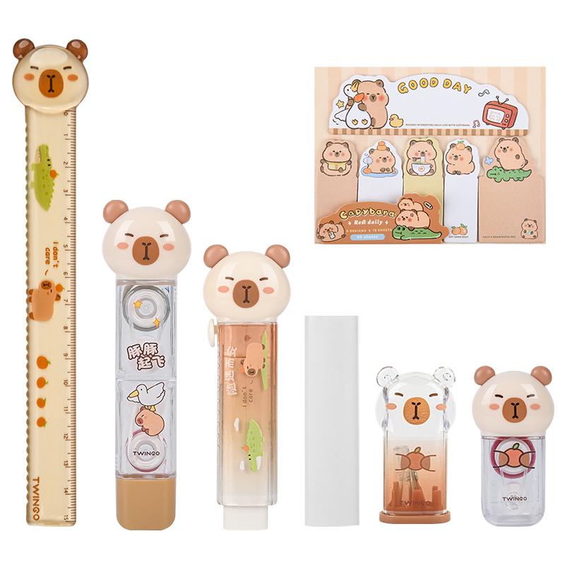 7pcs Capybara Stationery Set, Ruler & Correction Tape & Glue Tape & Eraser & Sticky Notes Value Pack, Student Reward Gift
