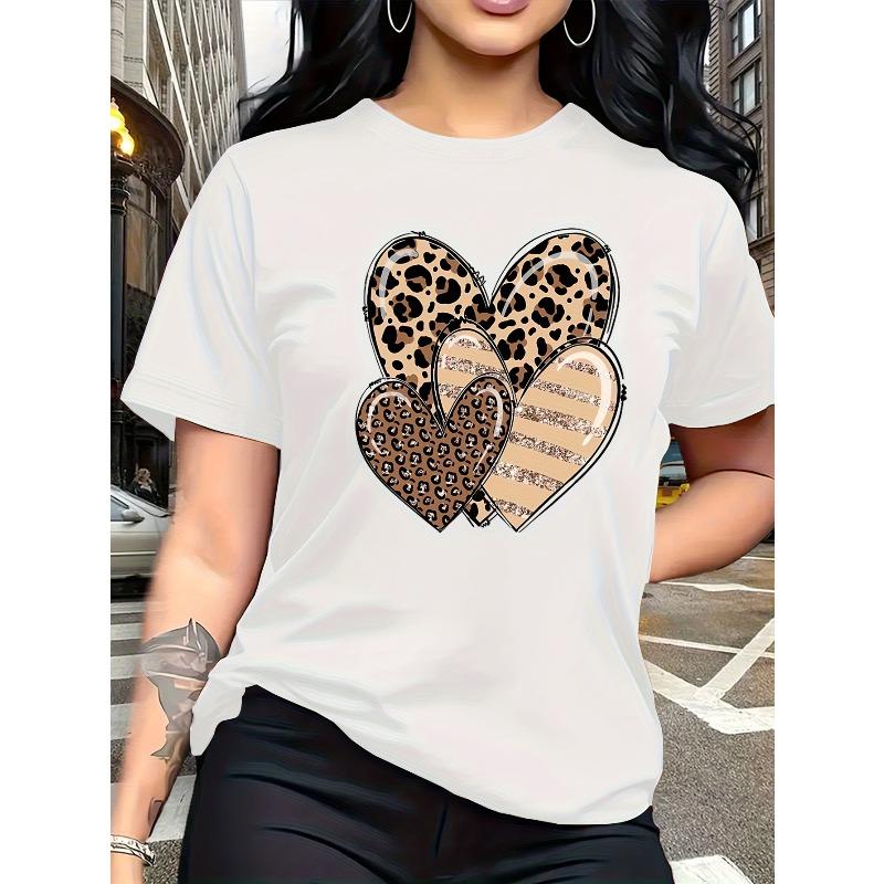 Womens Leopard Print Heart Design T Shirt Appliqué Graphic Round Neck Short Sleeve Breathable Medium Stretch All Season Matching