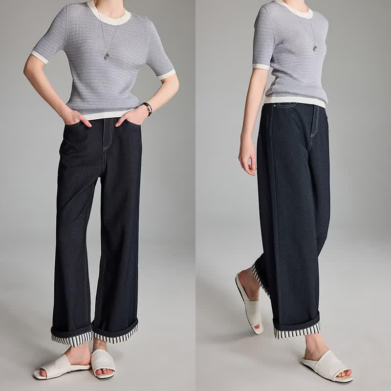 Women s Retro Striped Rolled Hem Cropped Jeans S