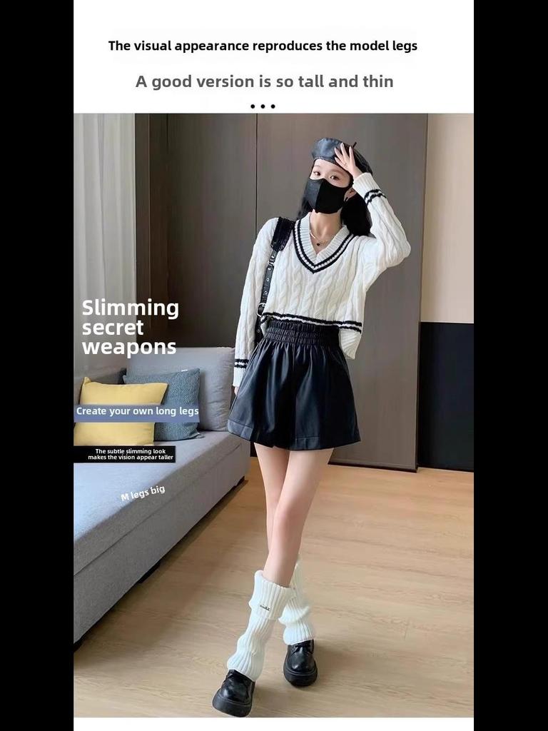 Autumn/Winter 2023 High Waist PU Leather Shorts: Slim, Wide-Leg, Korean Style, Casual Loose Fit with Outerwear Boots Compatibility.