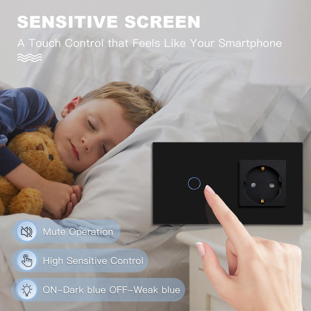 BSEED 1/2/3fach Touchschalter 1-Weg Lichtschalter mit EU-Wandsteckdosen USB Typ-C Steckdosen Glasplatte Schwarz
