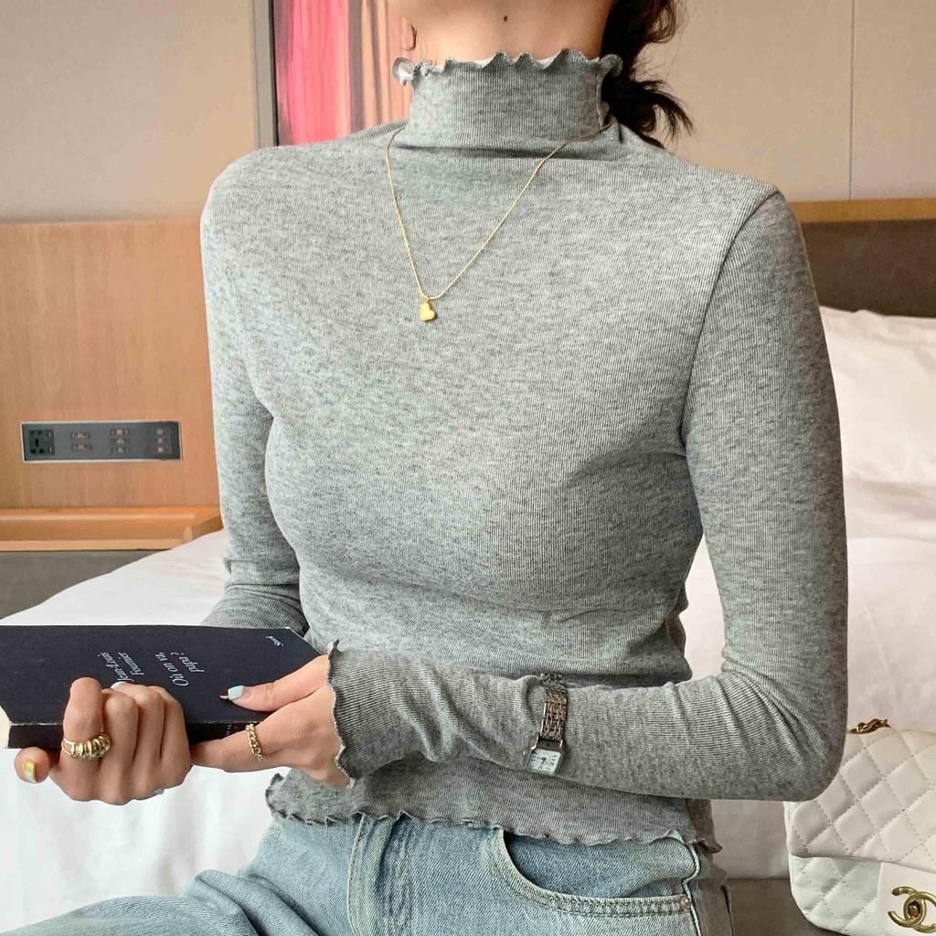 H360 Women's Lace Knit Ruffle High Neck Slim Fit Base Layer for Autumn/Winter
