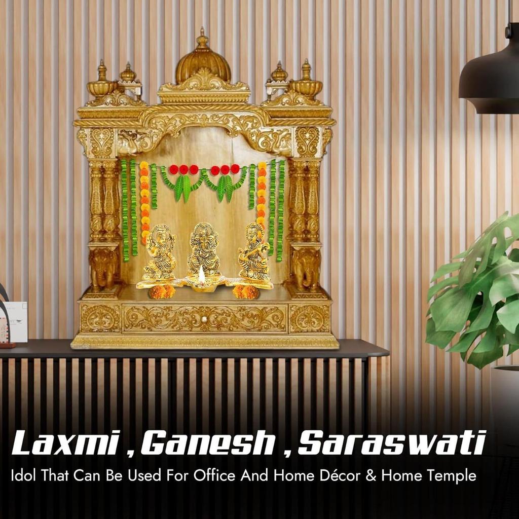 God Idols for Pooja | Metal Antique Ganesh laxmi Saraswati Sculpture Murti for Home Decor | Decorative Platter with Diya Ganpati