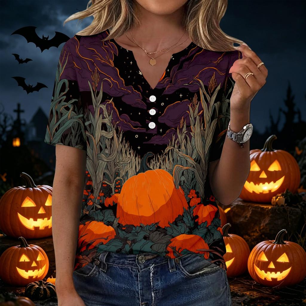 Women's Halloween Print Loose Fit V Neck Short Sleeve Top with Button Detail and Front Pocket Casual Blouse for Seasonal Wear