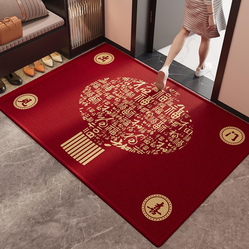 Festive Chinese Style Entrance Mat - Non-Slip, Dirt-Resistant, Mud-Scraping Crystal Velvet.