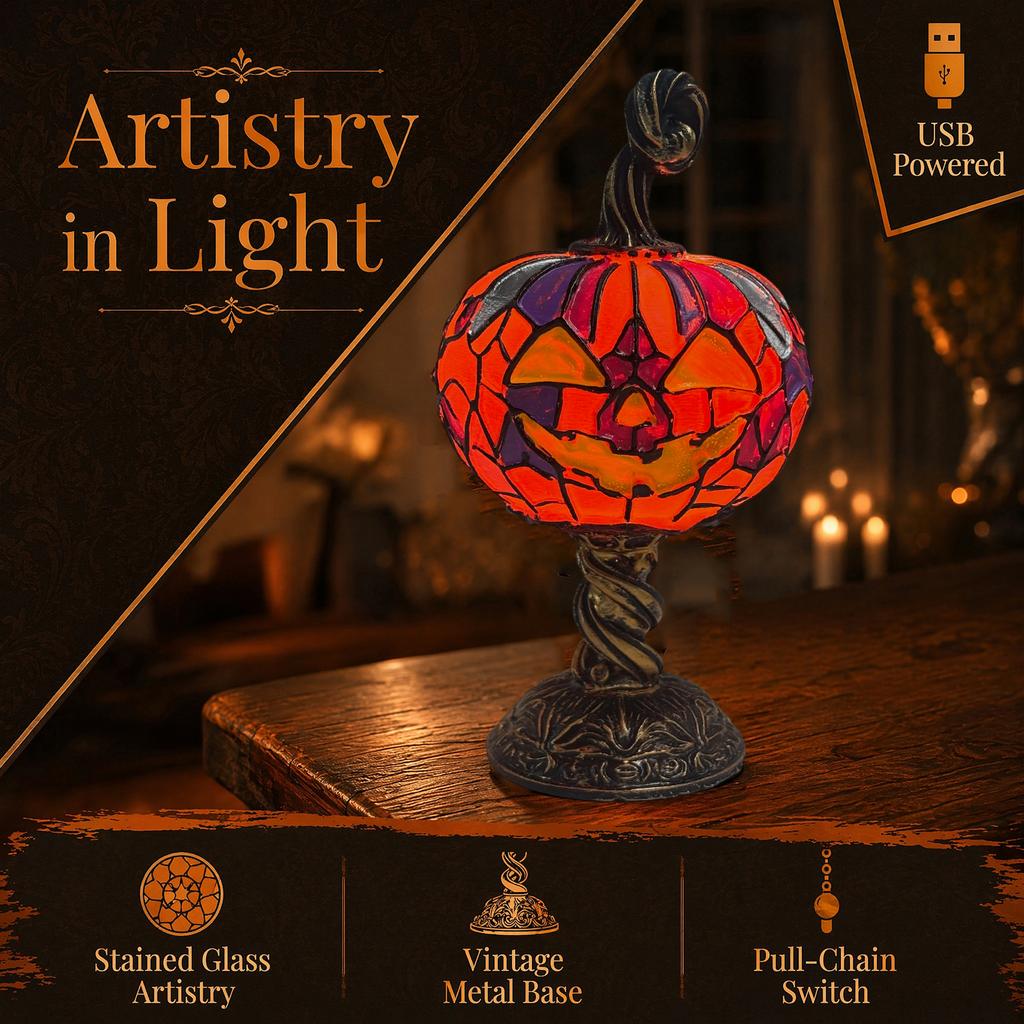 Halloween Magic Lamp Fade Resist Stained Glass Halloween Pumpkin Table Lamp Tabletop Ornament Lamps for Home Bedroom Living Room