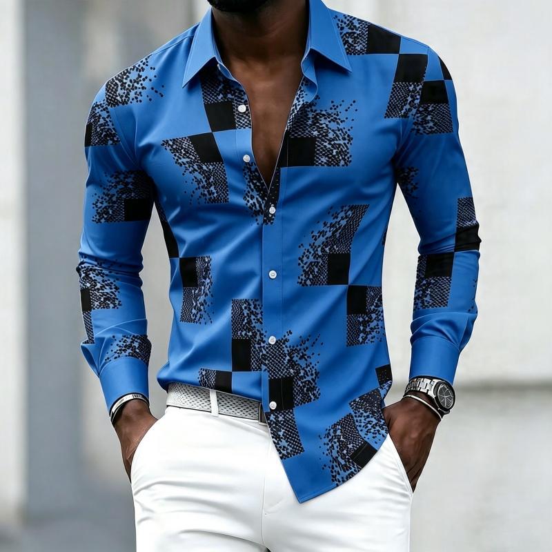 Men's Black and White Patchwork Block Fragment Printed Long Sleeved Shirt, Men's Slim Fit Trend Lapel, Business Casual Shirt