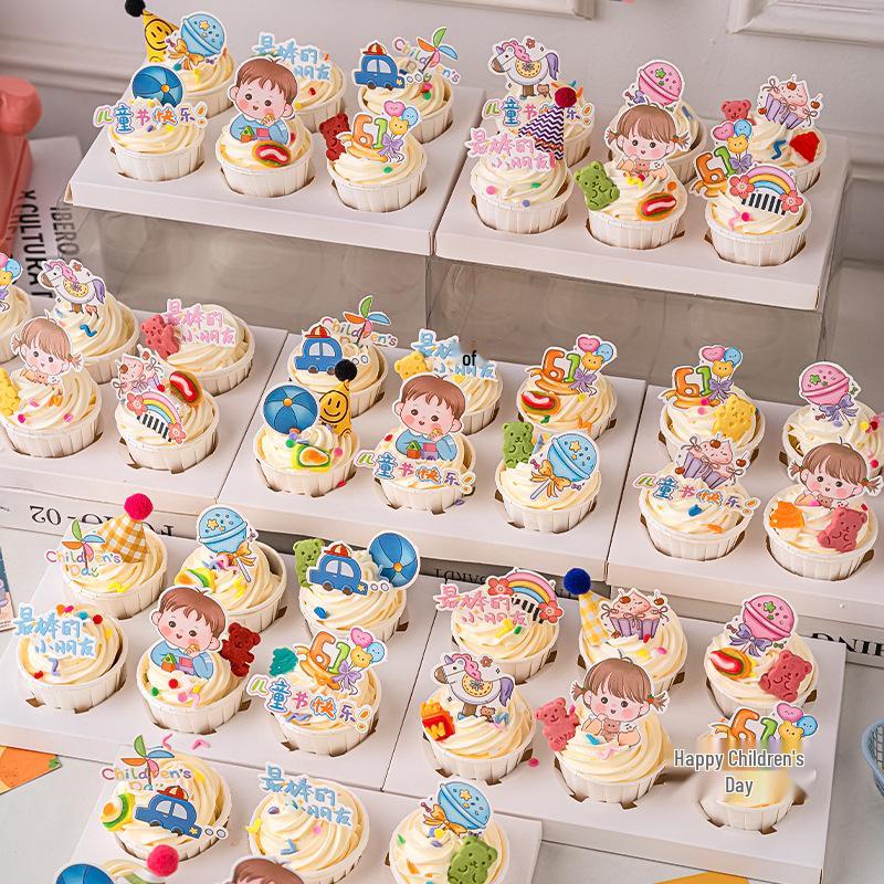 Children's Day Cupcake Toppers: Cute Cartoon Inserts - 61 Pieces