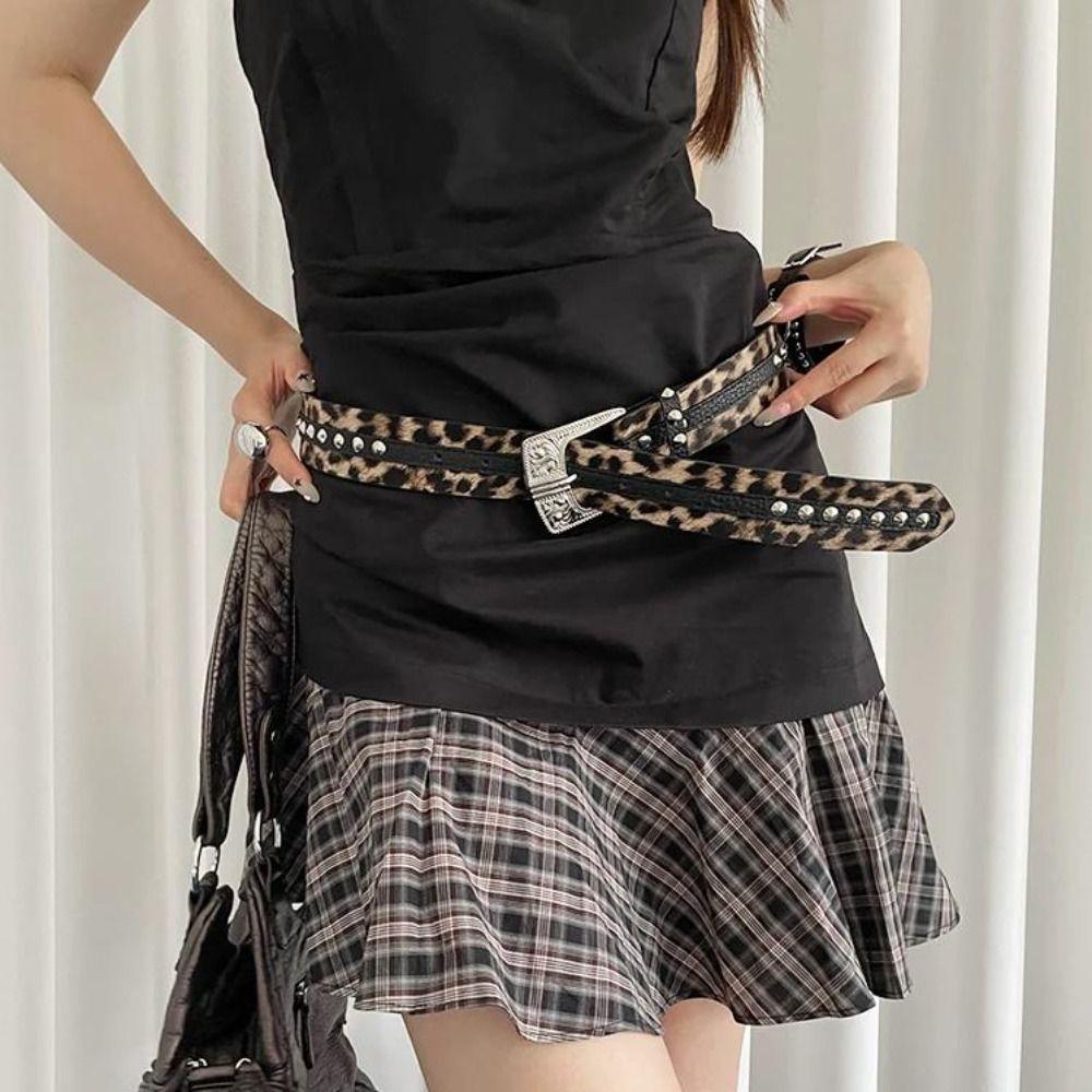 Vintage Women's Belt Leopard Pattern Dress Jeans Belt Trendy Leather Waist Belt  Streetwear