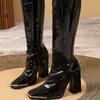 Metal Square Toe Block Heel Single Boots Autumn New Patent Leather Side Zip Anti-Slip Wear-Resistant Tall Boots