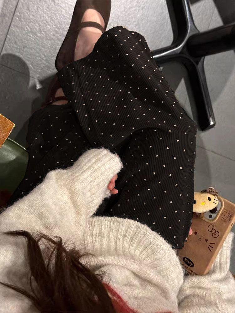 Women's Plus Size Corduroy Polka Dot Wide-Leg Pants - Korean Style, Slimming, Thickened for Winter, Casual and Petite-Friendly.