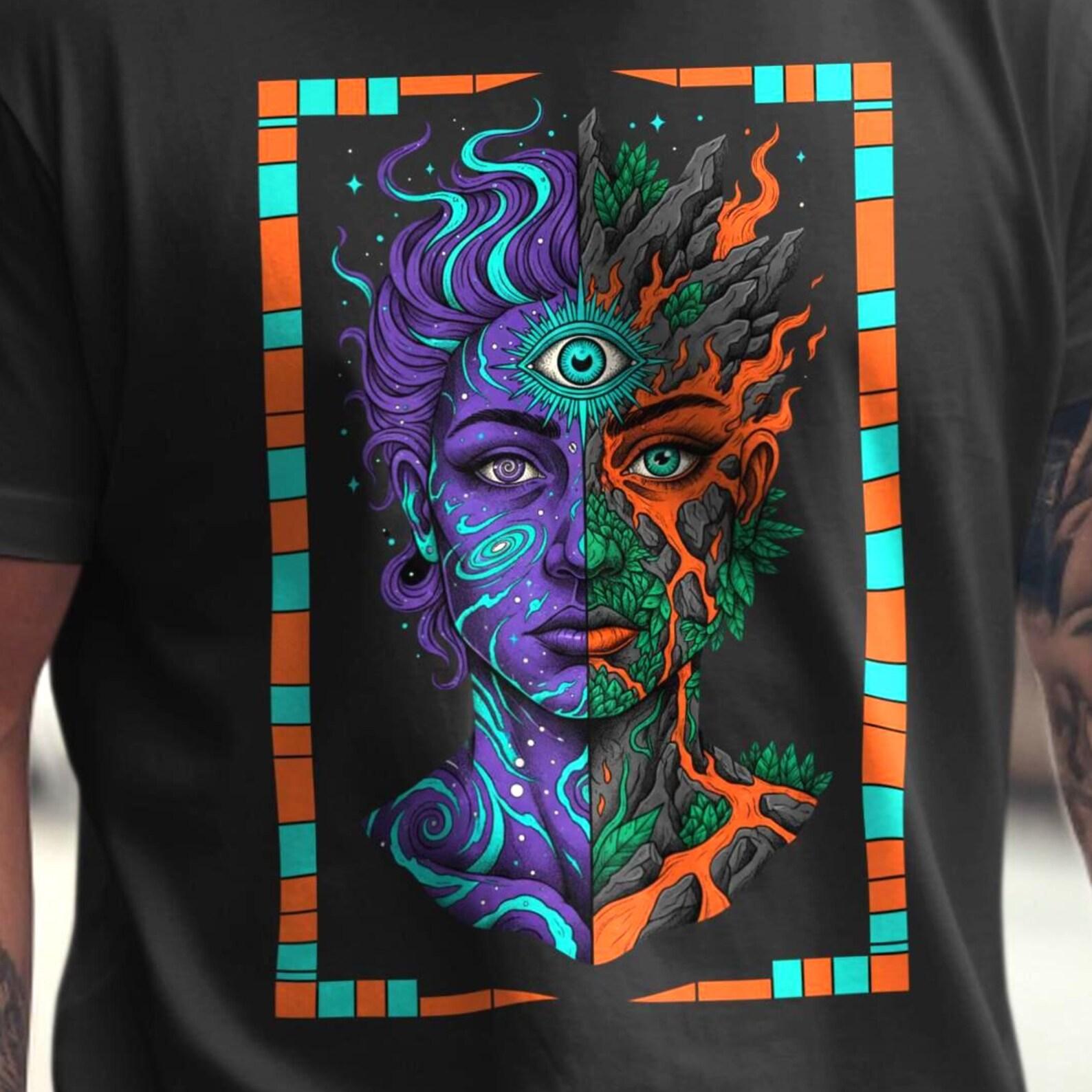 Third Eye Awakening Shirt | Duality Nature T-Shirt | Psychedelic Face Art Tee | Spiritual Surreal Graphic XS to 5XL M