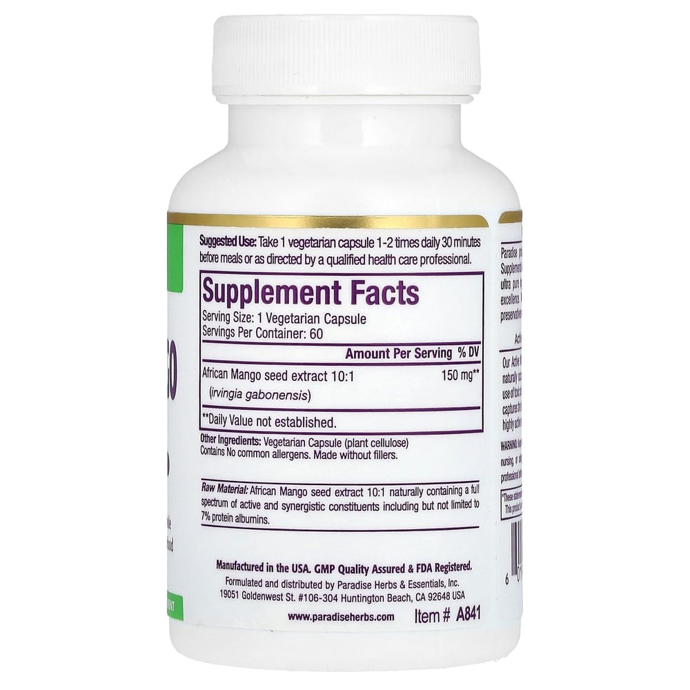 Paradise Herbs African Mango Extract Veggie Capsules, 60 Count