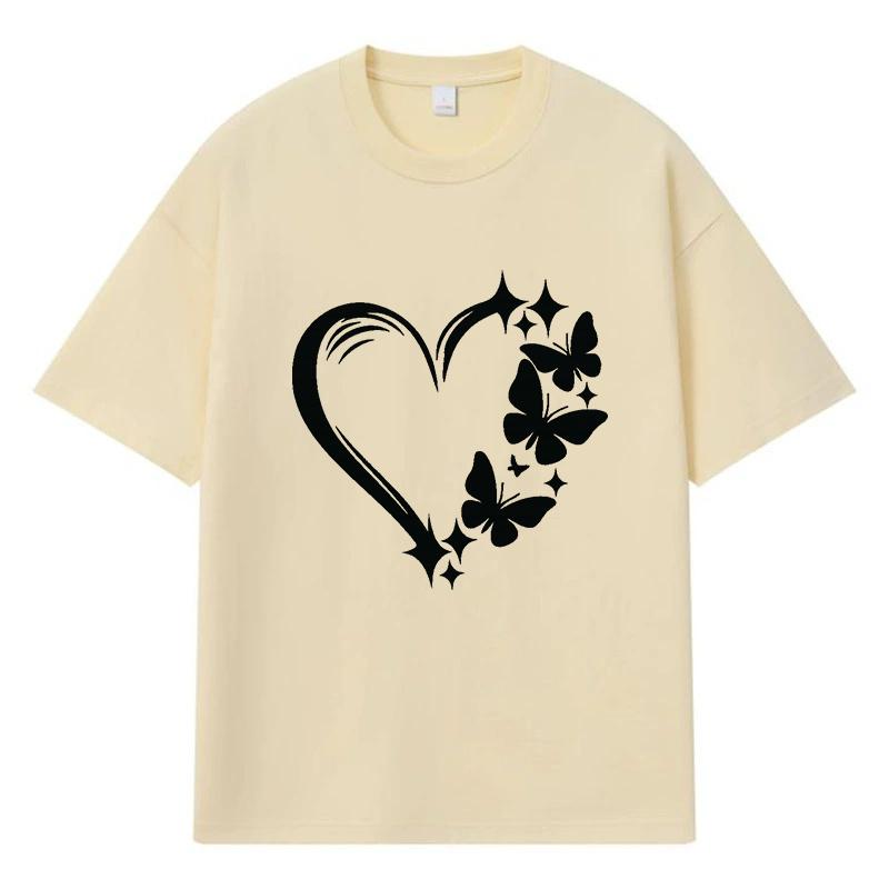 

2026 Heart with Butterflies Printed Graphic Y2k Harajuku Streetwear 100% Cotton T Shirt Casual Oversized Summer Men T-shirt XXXL хакі
