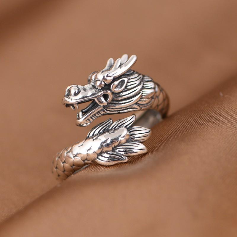 Adjustable Vintage Ethnic Totem Dragon Phoenix Ring Sterling Unisex Open Band Jewelry