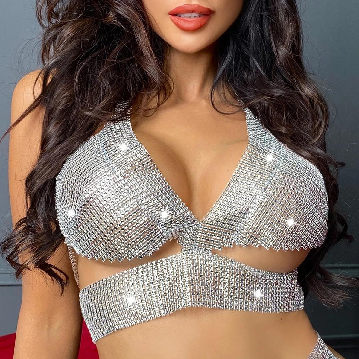 

Сексуальное блестящее пластиковое нижнее белье для женщин, боди-цепочки, бюстгальтер, эротическое белье, бикини, топы, вечеринки, ночные клубы, бретельки через шею, украшения для тела серебряный