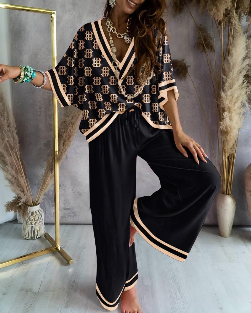 Women's Printed Bat Sleeve Top and Wide-Leg Pants Set
