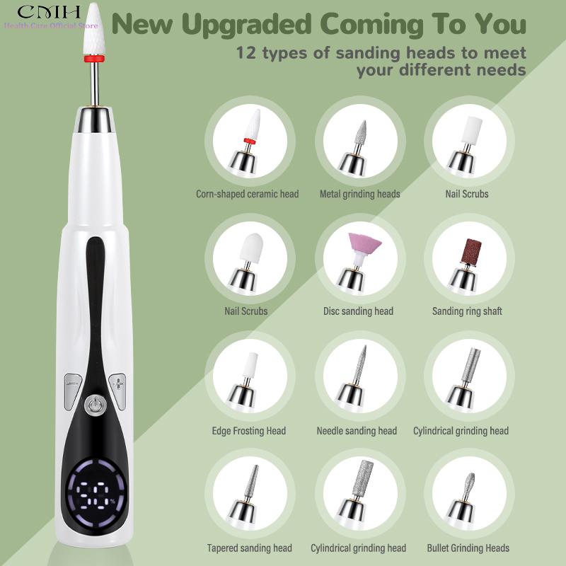 Electric Nail File Drill Cordless Rechargeable 12 Sanding Heads Long Battery Manicure Pedicure Tool Gel Acrylic Nails Callus
