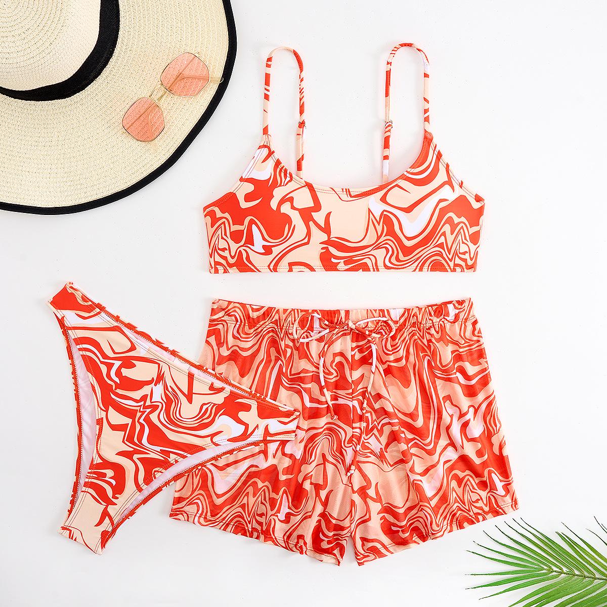 

2024 Европейский и американский женский комплект бикини тай-дай - Сексуальный комплект из трех частей с плоским вырезом и разрезом Small оранжевый