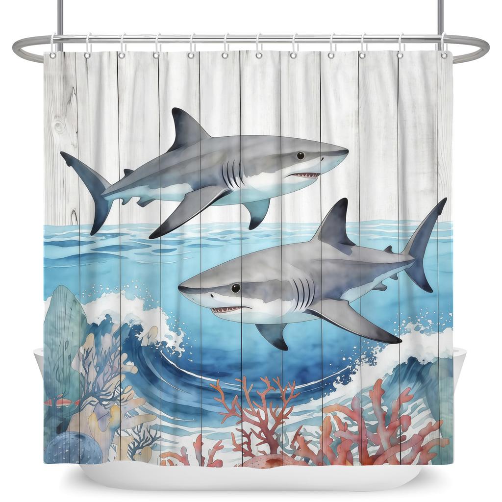 Underwater World Theme Bathroom Curtains Jellyfish Sea Turtles Sharks Waterproof Polyester Shower Curtain Decor With 12 Hooks