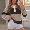 Vintage Color Block Striped Polo Neck Loose Fit Drop Shoulder Long Sleeve Knit Sweater For Women