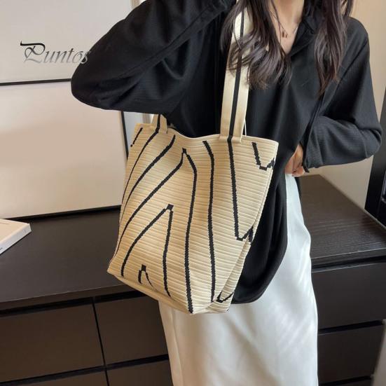 Women Shoulder Bag Wave Braided Texture Contrast Color Large Capacity Open Design Lightweight Portable Handbag for Daily Travel Commuting