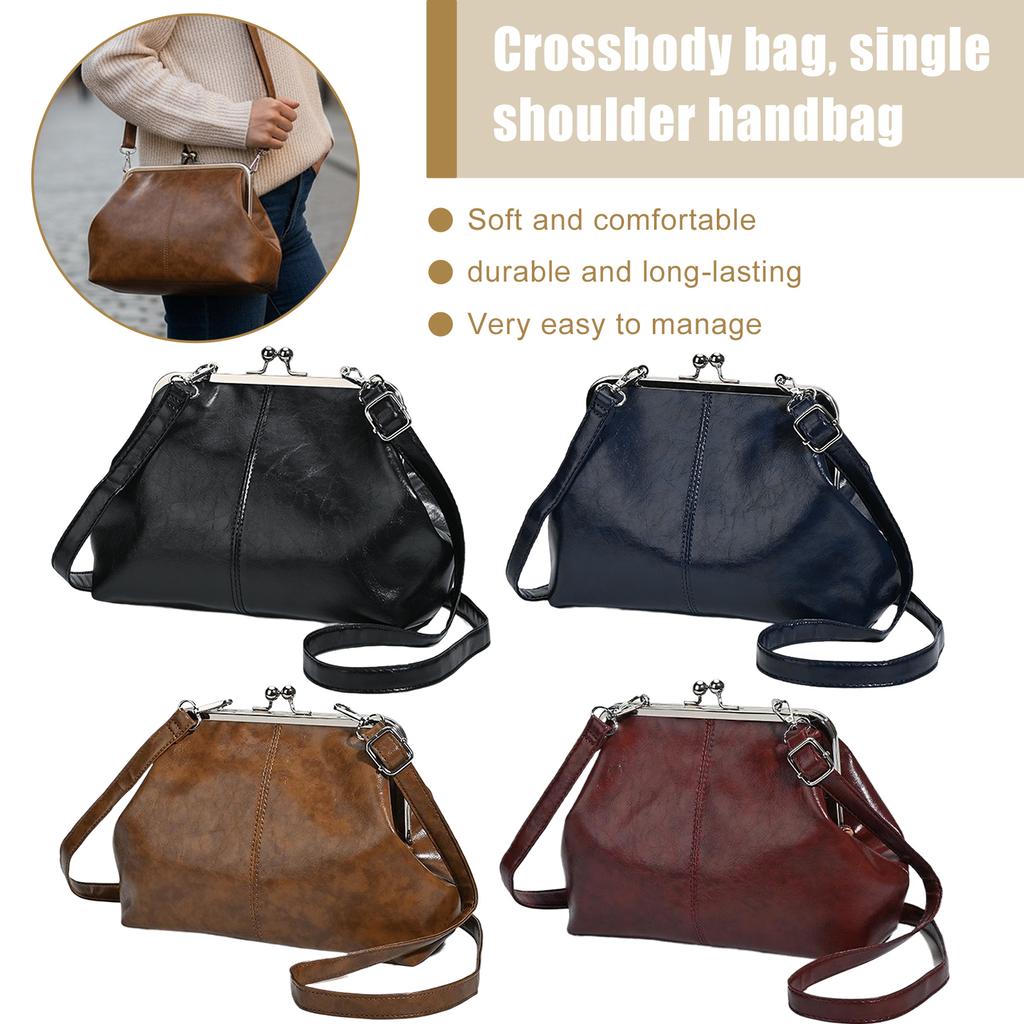 Women Girls PU Leather Large Capacity Shoulder Bag Adjustable Strap One Shoulder Crossbody Bag Elegant Kiss Lock Shoulder Bag