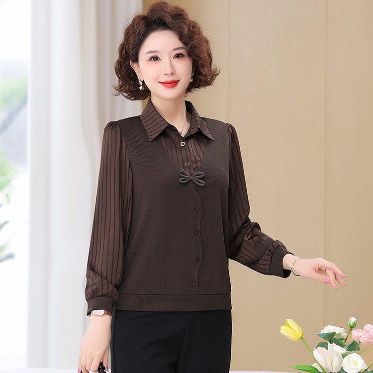 

2025 Весна/Осень Женская рубашка с длинным рукавом в стиле костюма-двойки для моды среднего и пожилого возраста 2XL (105-120 jin)