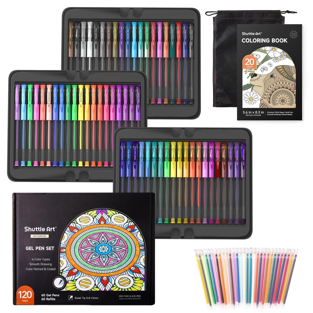 Shuttle Art Gel Ballpoint Gel Set with and Glitter Perfect for and Includes a Portable Tin Case for Easy Perfect for and Pens, 120-Pack, Water-Based