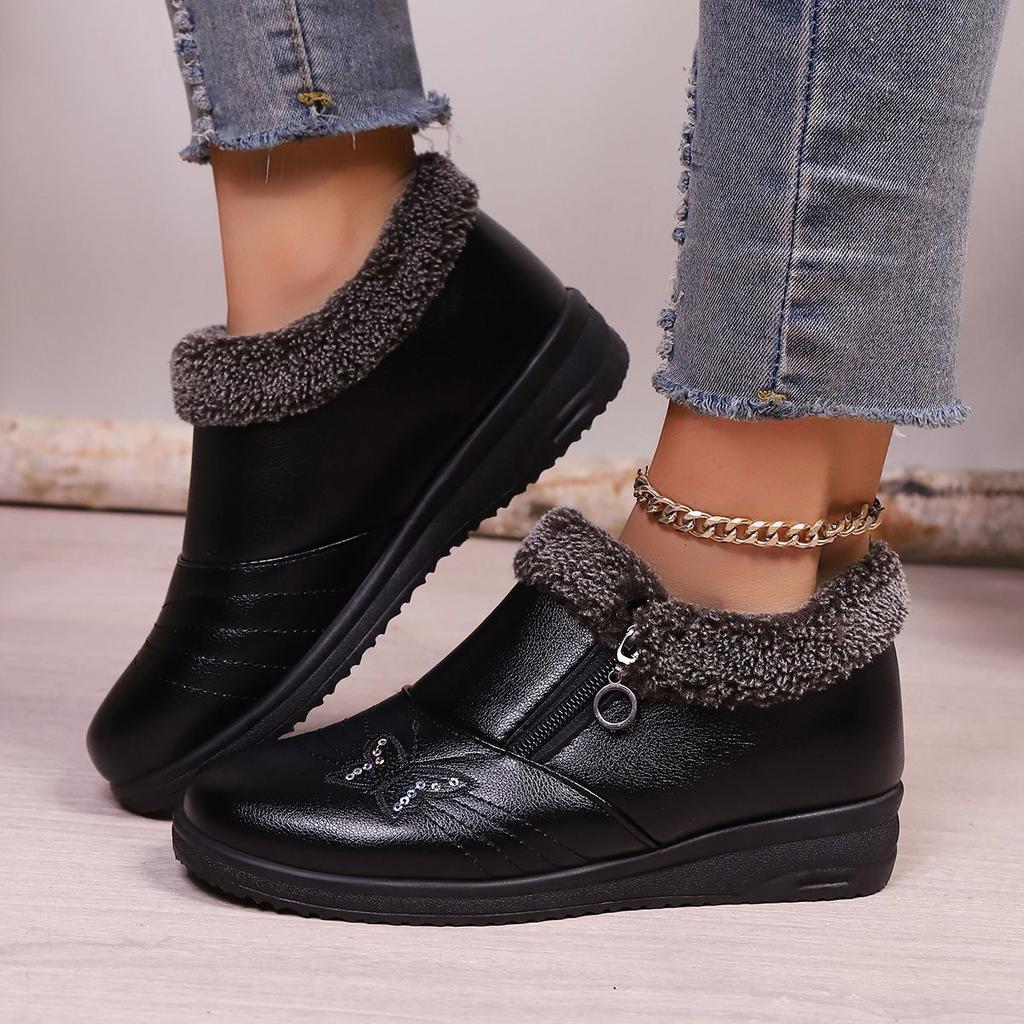 Butterfly Women's Shoes, Women's Boots, Winter Cotton Shoes, Zipper Casual Leather Winter Boots, Wedge-heeled Mid-heel Short-tube Snow Boots