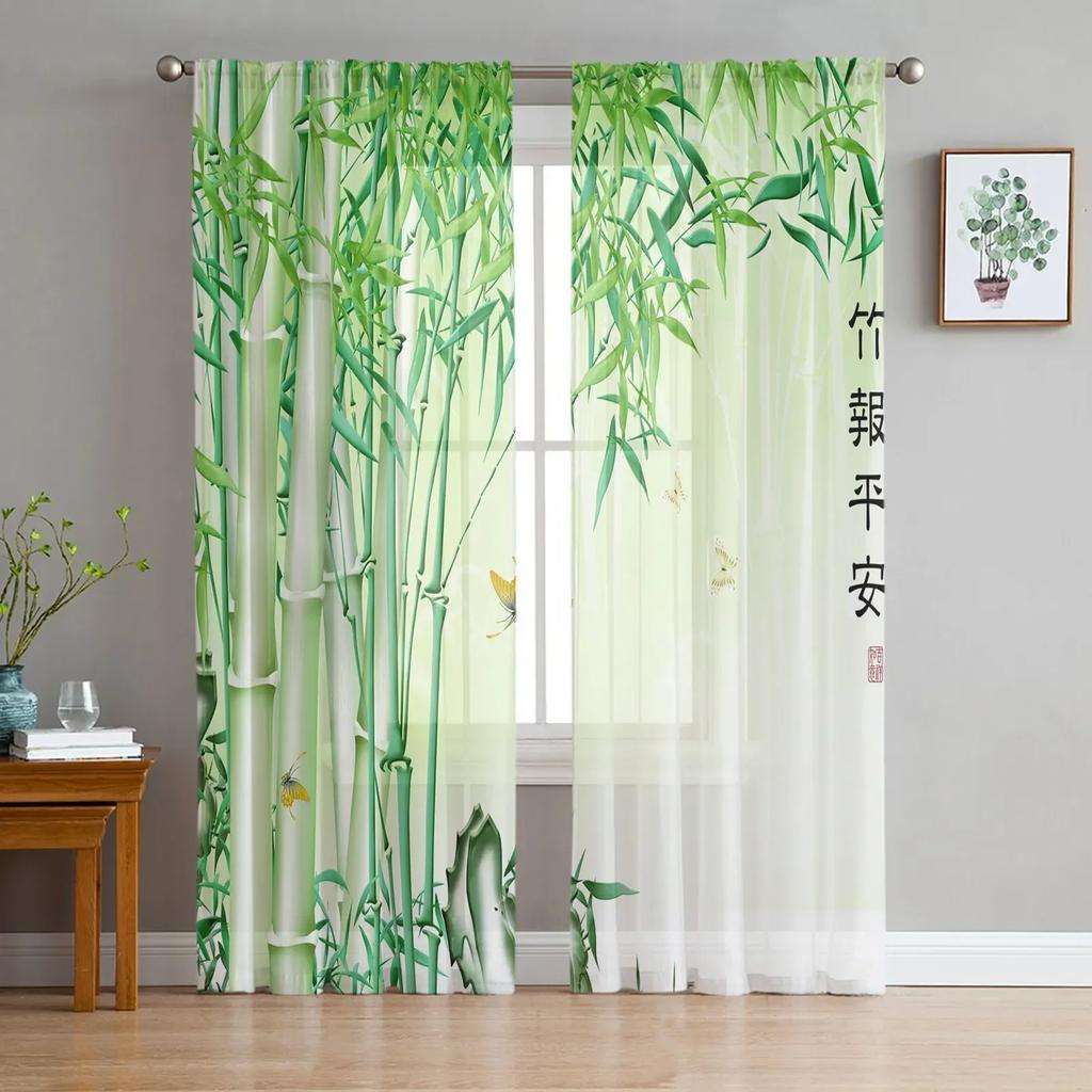 Green Bamboo Butterfly Chinese Style Tulle Sheer Curtains for Living Room Decor Window Curtain for Bedroom Voile Organza Drapes