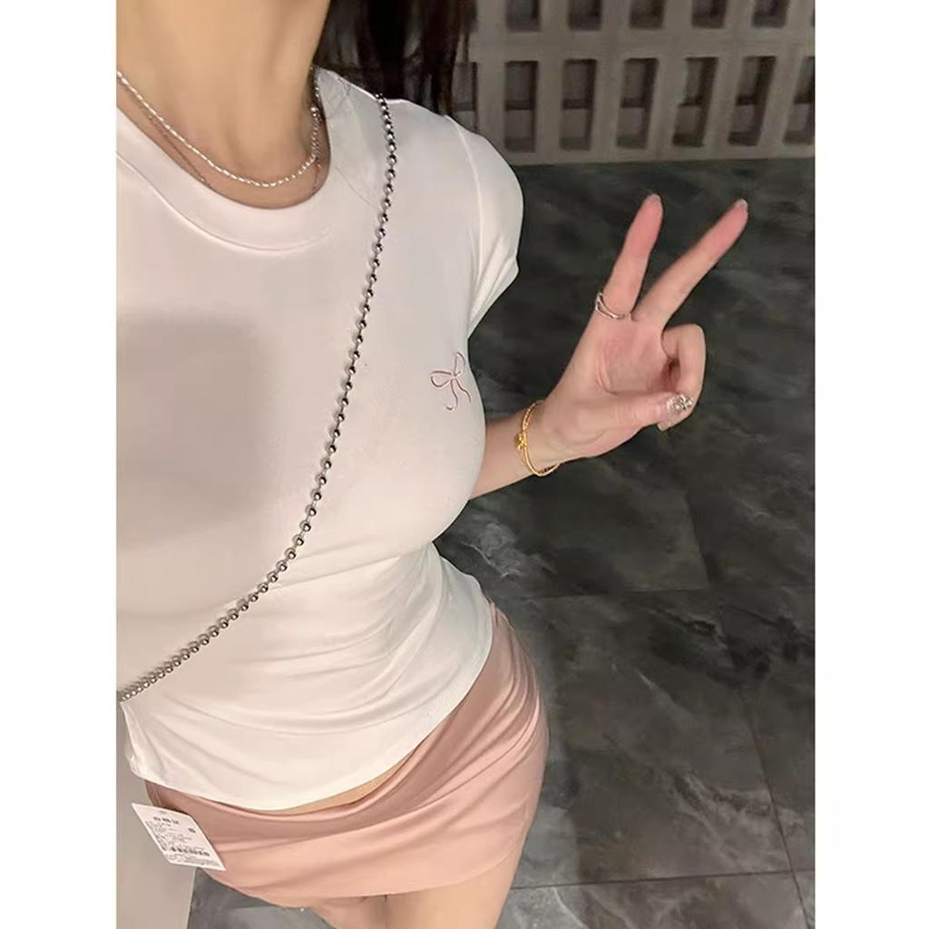 Summer Macaron Color Cotton Contrasting Niche Bow Embroidered T-shirt for Women's Age-reducing Slim Shoulder Short Sleeves