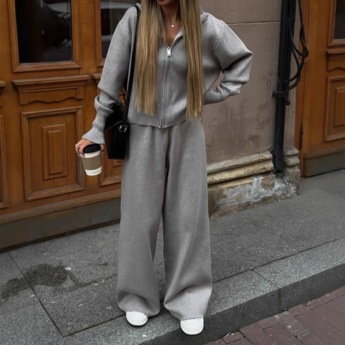 

Осень Новая Мода С Длинным Рукавом Свитер на Молнии Кардиган Длинные Брюки Спортивный Костюм из Двух Предметов Повседневный Кардиган Комплект Женский S серый