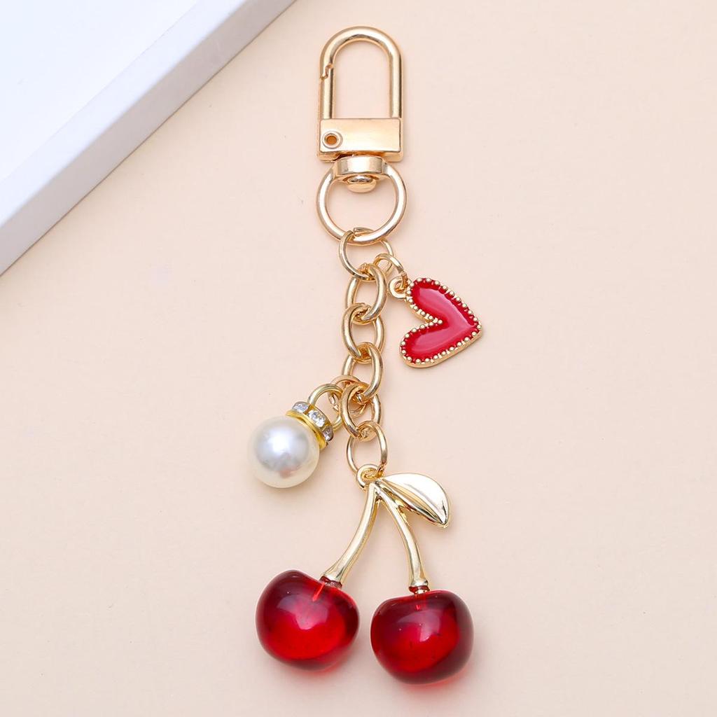Cherry Heart Keychain with Faux Pearls – European & American Style, Light Luxury Sweet Bag Pendant