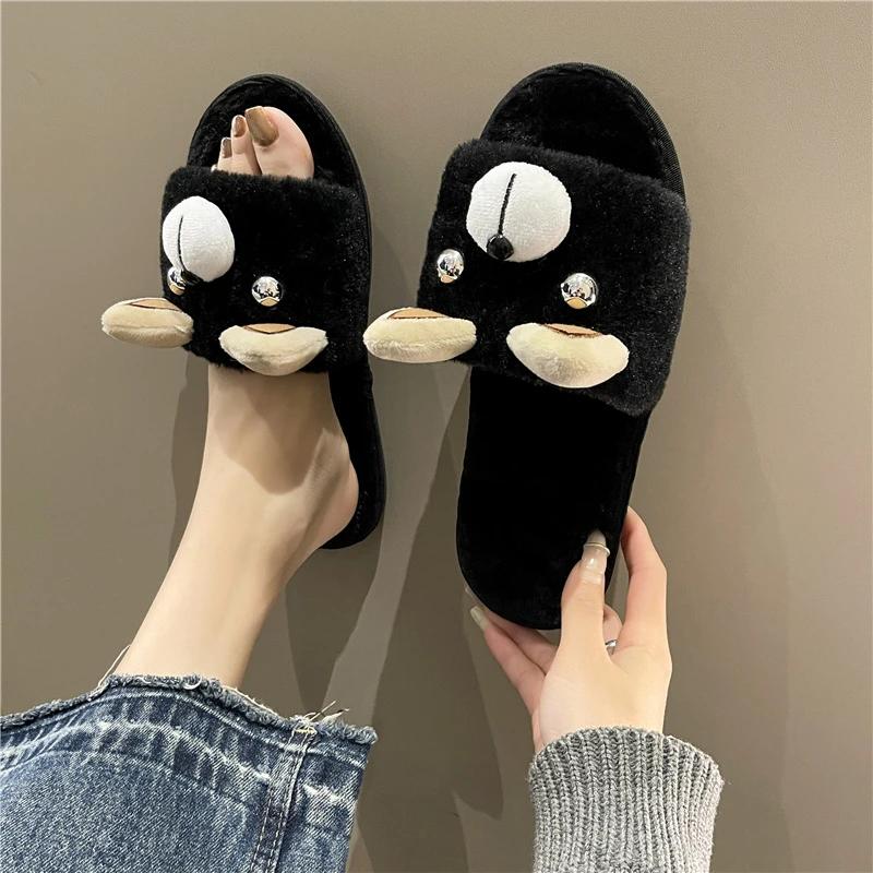 Плоские Пушистые Меховые Тапочки Женские Милые Собачки Животные Теплые Меховые Тапочки — фото 5