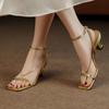 2024 Summer New Golden Roman Sandals Women's Thin Heels Fashion European and American Sexy Chain Square Toe Open Toe High Heels